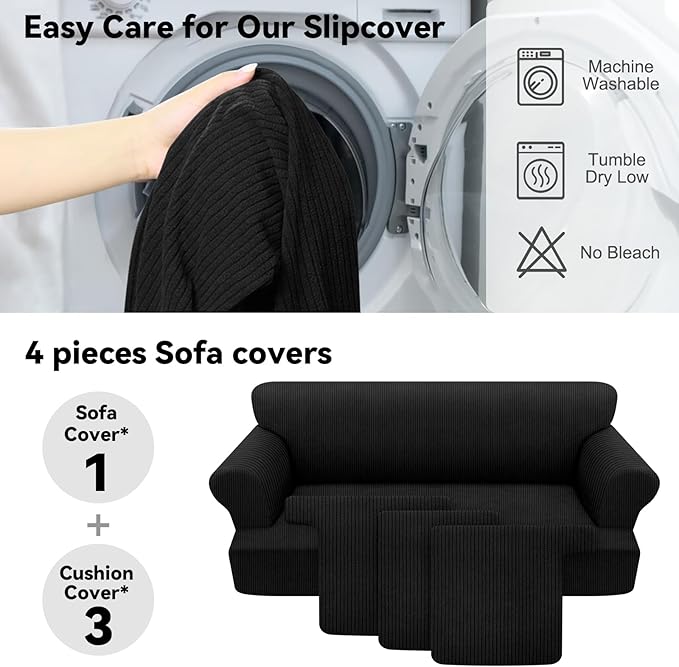 Waterproof Couch Cover 4-Piece Set Striped Sofa Slipcovers for 3 Separate T Cushion Couch - TPU Fabric Sofa Covers Leakproof Couch Protector for Kids, Pets(3 Cushion Sofa, Black)