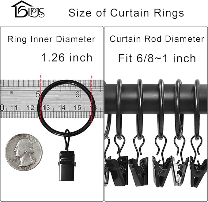 40 Pack Curtain Rings with Clips, Curtain Clip Rings Hooks, Bow Hanger Clips for Hanging Drapery Drapes Bows, Ring 1.26 inch Interior Diameter, Fits up to 1" Rod, Black