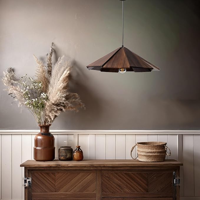 Dark Wood Geometric Pendant Light, Layered Wooden Hanging Lamp, Modern Farmhouse Scandinavian E26 Adjustable Ceiling Fixture for Kitchen Island, Dining Room, Bedroom, Living Room, Entryway.