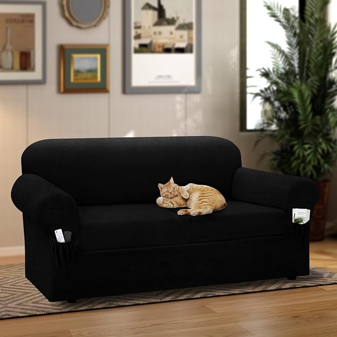 Sofa Slipcover with Armrest Pockets 3-Piece Set, Stretch Faux Leather Couch Cover for 2-Cushion Couches(Fits 72-92") - Non-Slip, Machine Washable, Pet & Kid Friendly - Black