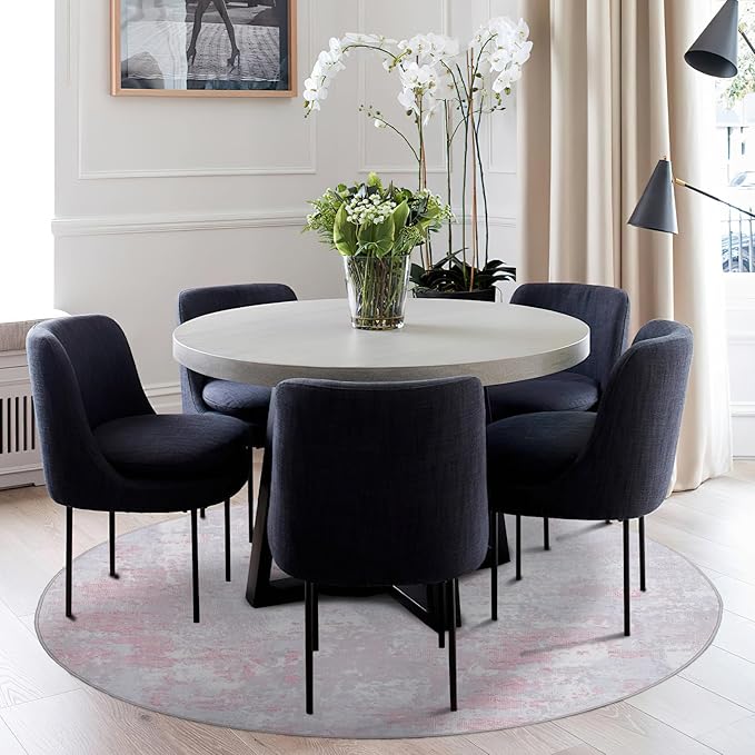 Modern Abstract 6x6 Round Area Rug Non Slip Non Shedding Rug Low Pile Stain Resistant for Bedroom Living Room Office Dining Room,Grey Pink