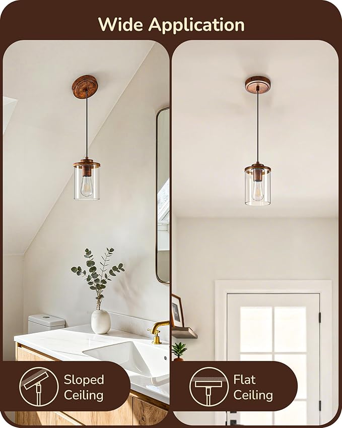 EDISHINE Modern Pendant Lights Kitchen Island, Clear Glass Shade, Farmhouse Adjustable Hanging Light with Wooden Grain Finish, E26 Base, Hardwired, for Dining, Sink, Bathroom, Hallway, Walnut, 2 Pack