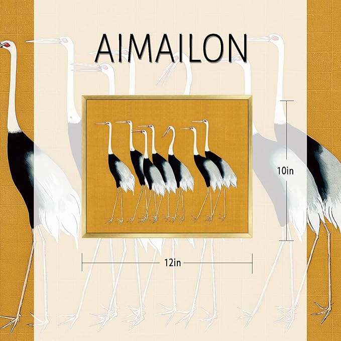 AIMAILON Vintage Gold Canvas Wall Art Framed Decor Animal Theme Artwork Elegance Groups of Red Crowned Crane Print Retro Picture Home Decoration for Study Room Bedroom Office 10x12