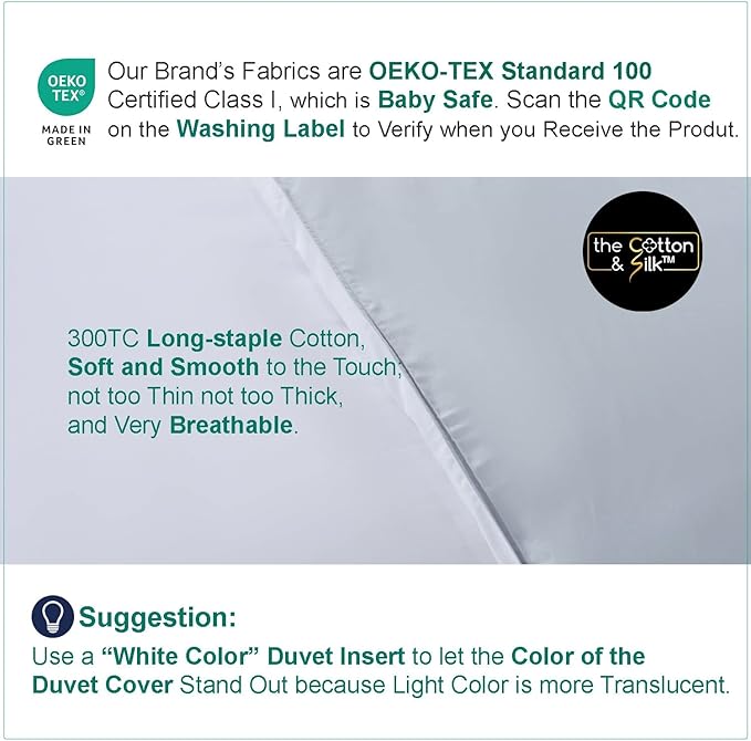 THE COTTON & SILK®️ 100% Luxury Long-Staple Cotton Duvet Cover Set - Soft & Breathable - Include 1 Duvet Cover (Corner Ties & Hidden Zipper), 2 Pillow Shams - White + Misty Blue, King/California King