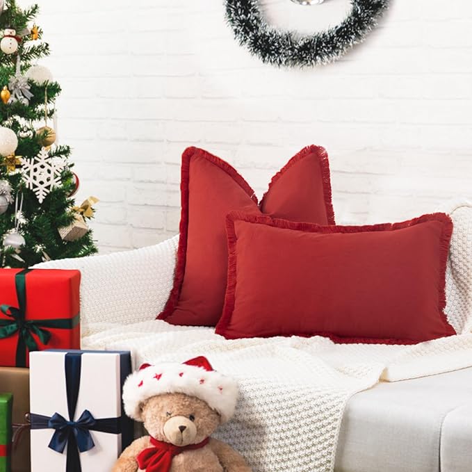 ZWJD Christmas Pillow Covers 12x20 Set of 2 Christmas Throw Pillow Covers with Fringe Chic Cotton Christmas Decorative Pillows Square Cushion Covers for Sofa Couch Bed Living Room Farmhouse Boho Decor