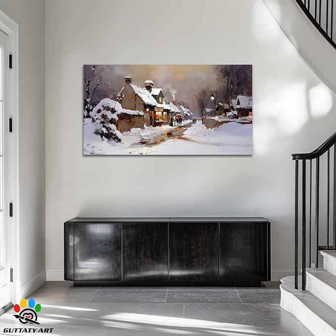 GUTTATY Christmas Winter Scene Canvas Wall Art, Snowy Village Canvas Prints, Cozy Town Holiday Picture Wall Decor, Rustic Winter Landscape Poster for Living Room Bedroom, 32x16 Inch