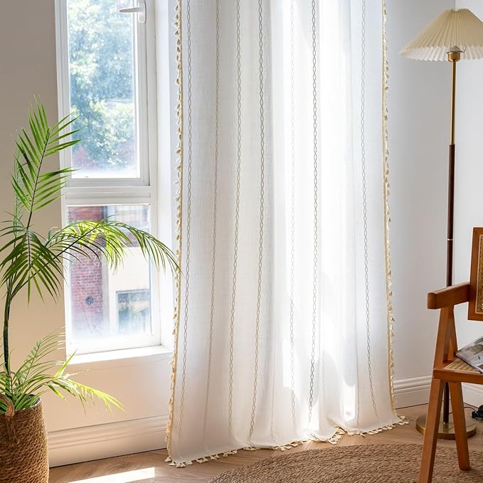 Sutuo Home White Boho Curtains for Bedroom Living Room, Semi Blackout Chic Farmhouse Country Tassels Window Treatment Bohemian Embroidery Drape for Christmas Decor, Rod Pocket 1 Panel 52" W x 90" L