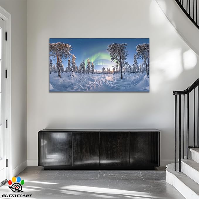 GUTTATY Christmas Winter Canvas Wall Art, Northern Lights Winter Scene Canvas Prints, Snowy Forest Landscape Poster Picture, Holiday Artwork for Living Room, Bedroom, Office, 32x16 Inch