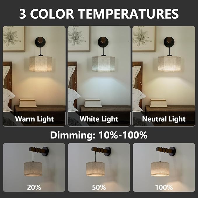 Battery Operated Wall Sconces Set of 2, Modern Rechargeable Wall Mounted Lamps with Remote Control, Adjustable 3 Colors Dimmable Wall Lights for Bedroom, Wooden Arm, Hexagonal Fabric Shade