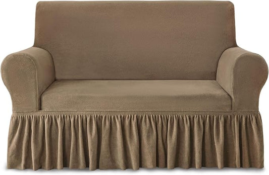 NICEEC Loveseat Cover Thick Plush 1-Piece Warm Khaki Slipcover for Loveseats Stretch Fluffy Couch Covers for Living Room Easy Fit Washable Soft Furniture Sofa Protector with Skirt