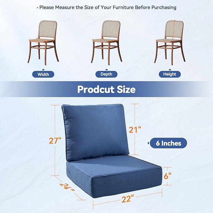 6" Thick Outdoor Cushions 22x24x6, 2-Set Deep Seat Patio Cushions with Removable Cover, Waterproof & Fade Resistant Replacement for Wicker Chair, Loveseat, Sofa - Blue