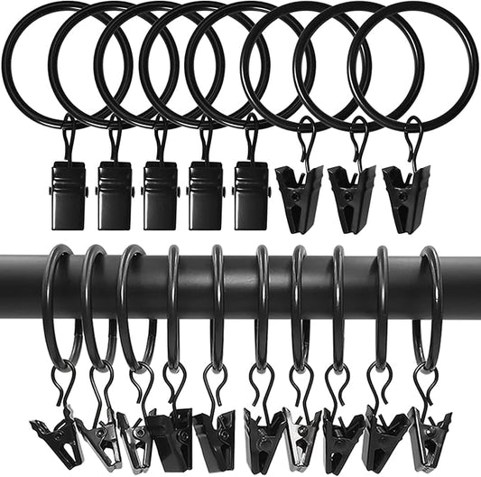 100 Pack Curtain Rings with Clips, Curtain Clip Rings Hooks, Bow Hanger Clips for Hanging Drapery Drapes Bows, Ring 1.26 inch Interior Diameter, Fits up to 1" Rod, Black