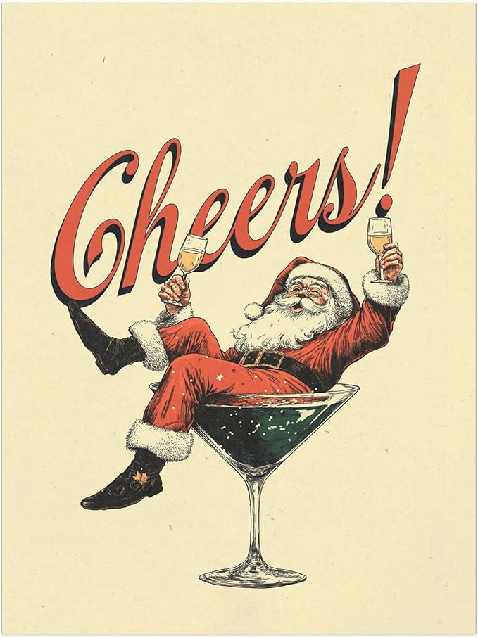 Vintage Christmas Drink Poster,Trendy SantaCheers Prints,Holiday Bar Artwork,Vintage Christmas Cocktail Art,Bar Cart Print,Retro Kitchen Xmas Decor