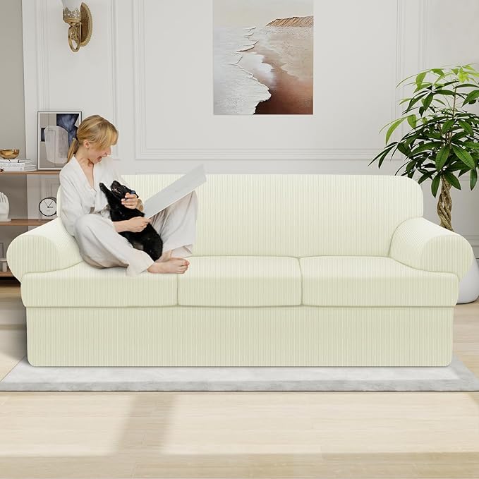 Waterproof Couch Cover 4-Piece Set Striped Sofa Slipcovers for 3 Separate T Cushion Couch - TPU Fabric Sofa Covers Leakproof Couch Protector for Kids, Pets(3 Cushion Sofa, Ivory)