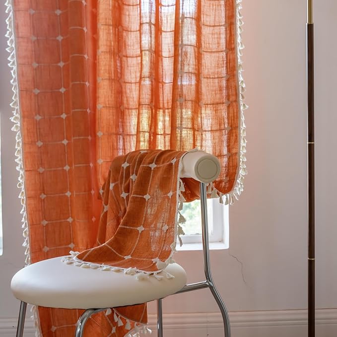 Sutuo Home Burnt Orange Plaids Boho Curtains for Living Room, Semi Blackout Linen Farmhouse Tassels Window Treatment Bohemian Embroidery Drape for Halloween Decor, Rod Pocket 1 Panel 52" W x 90" L