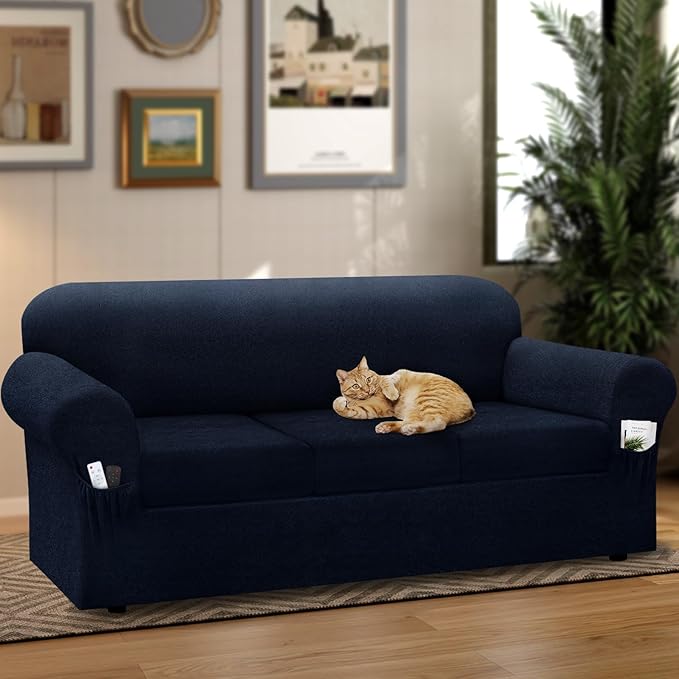 Sofa Slipcover with Armrest Pockets 4-Piece Set, Stretch Faux Leather Extra Large Couch Covers for 3-Cushion Couches(Fits 98-112") - Machine Washable, Pet & Kid Friendly - Navy
