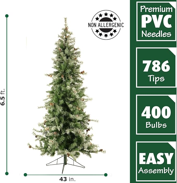 Fraser Hill Farm 6.5-Feet Pre-Lit Buffalo Fir Green Slim Artificial Christmas Tree with White Incandescent Smart Lights, Realistic Foliage, Lightly Flocked with Pinecones, Stand Included