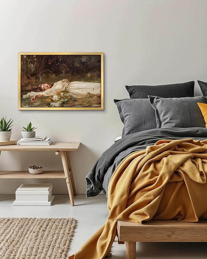 AIMAILON Vintage Gold Canvas Wall Art Framed Decor for Study Room Bedroom Classical Relaxing Young Lady Picture Victorian Summer Pond Lotus Background Artwork Desktop Home Decoration 16x24