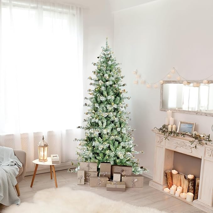 Fraser Hill Farm 6.5-Feet Pre-Lit Buffalo Fir Green Slim Artificial Christmas Tree with Warm White LED String Lights, Realistic Foliage, Lightly Flocked with Pinecones, Stand Included