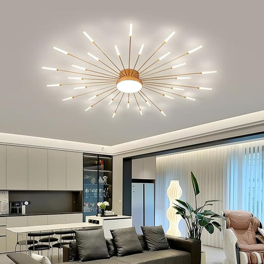 JAYMP Ceiling Light Modern Flower Shape Ceiling Lamp for Living Room Dining Room Flush Mount Metal Acrylic Sputnik Firework Petal LED Lighting Fixture (Matte Gold, 30+1 Lights)