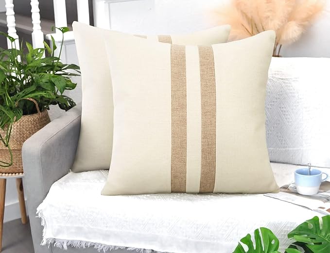 Set of 2 White Linen Patchwork Throw Pillow Covers 18X18 Farmhouse Decorative Square Striped Pillowcases for Couch Sofa Living Room Outdoor Decor