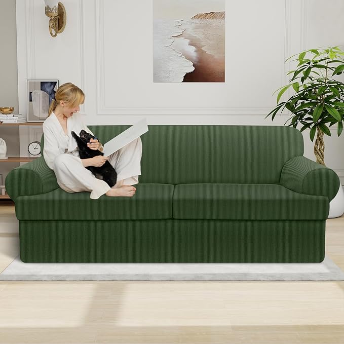 Waterproof Couch Cover 3-Piece Set Striped Sofa Slipcovers for 2 Separate T Cushion Couch - TPU Fabric Sofa Covers Leakproof Couch Protector for Kids, Pets(2 Cushion Sofa, Military Green)