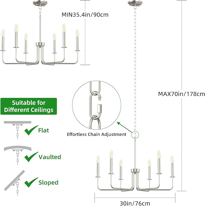 Farmhouse Chandelier, 6-Light Metal Hanging Ceiling Light Fixture for Dining Room, Kitchen Island, Living Room, Entryway, Foyer-Brushed Nickel