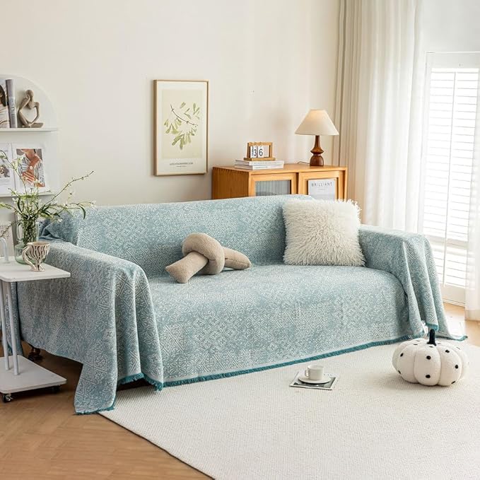 ROOMLIFE Blue Couch Cover Boho Sofa Covers for 3 Cushion Couch Washable, Furniture Protector Sofa Couch Cover for Dogs, Soft Breathable Sofa Slipcover, Couch Throw Blankets with Tassels 71''X118''