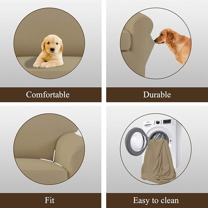 Easy-Going 2 Pieces Microfiber Stretch Sofa Slipcover – Spandex Soft Fitted Sofa Couch Cover, Washable Furniture Protector with Elastic Bottom Kids,Pet (Sofa,Tan)