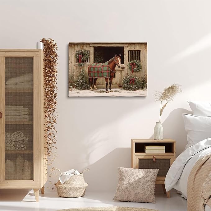 Rustic Christmas Horse Wall Art Prints,Country Holiday Farmhouse Decor,Winter Horse Print