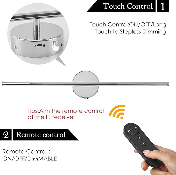 Battery Operated Wall Sconces with Remote Control, Dimmable Wall Sconces Set of Two, 350°Rotate, 3000K LED Chrome Wireless Wall Light for Living Room, Bedroom,Hallway, 24.4 Inch (2 Pack)