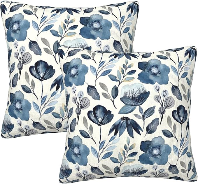Blue Floral Pillow Covers 18x18 Inch Set of 2 Navy Blue Floral Throw Pillow Cover Chinoiserie Flowers Square Pillowcase Cushion Cases for Home Couch Bed Sofa