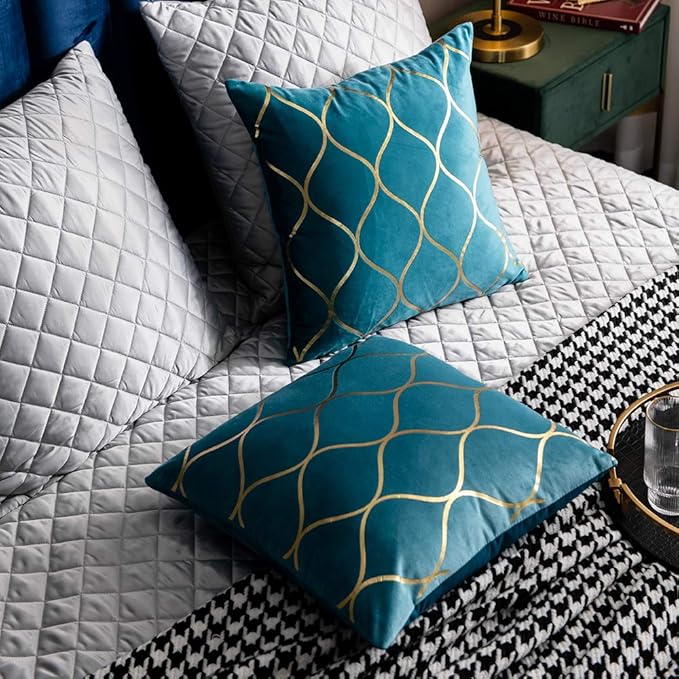 22x22 Inch Gold Velvet Throw Pillow Covers: 2 Pack Square Decorative Pillow Cases for Bedroom Sofa Couch Living Room, Turquoise