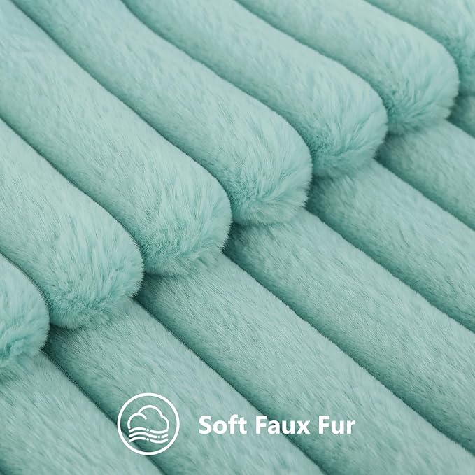 decorUhome Faux Fur Christmas Throw Pillow Covers 20x20 Set of 2, Decorative Soft Plush Striped Neutral Couch Euro Pillow Covers with Velvet Back for Sofa, Bed, Living Room Home Decor, Aqua
