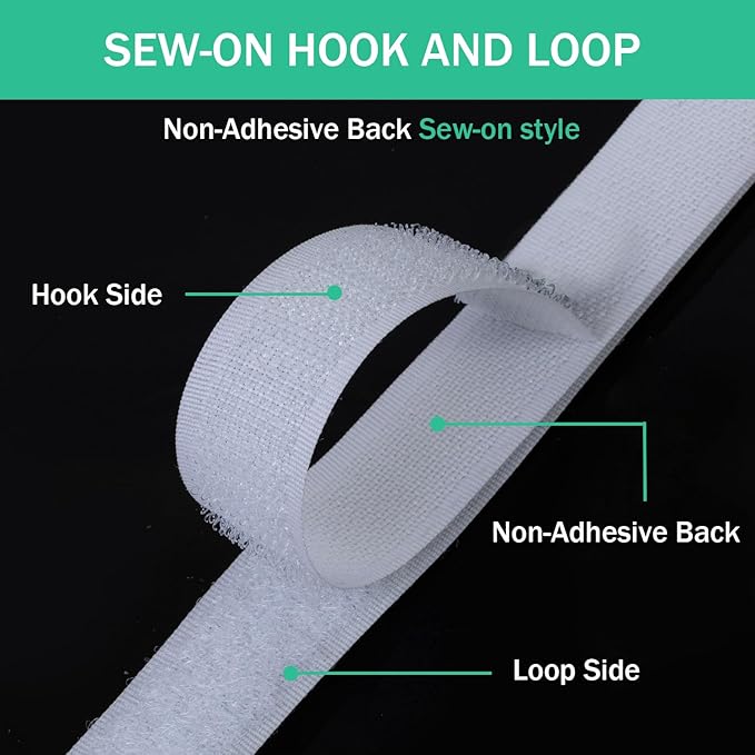 3/4 Inch Sew on Hook and Loop Strips | Easy to Sew | Excellent Grip | Non-Adhesive Back Nylon Fabric Fastener Strips for Clothing Sewing Crafts and DIY Projects, White, 3/4in x 5yd