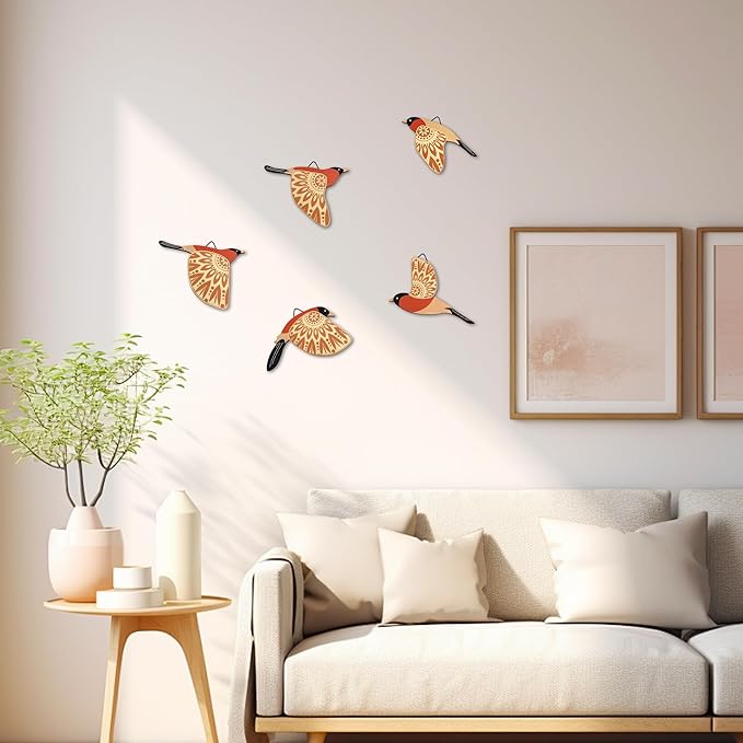 Vumyhuby 5 Pcs Orange Wooden Bird Wall Art | Rustic Folk Art Wall Decor for Indoor Use | Handcrafted Wood Flying Birds Wall Hangings for Living Room, Bedroom, Kitchen, Office | Scandinavian Home Decor Gift