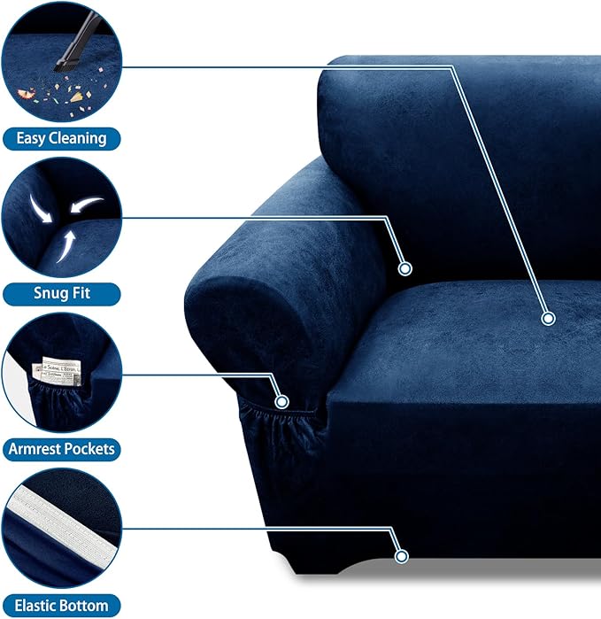 Oversized Sofa Slipcover Leather Look Couch Cover for 4 Seater Sofa 1-Piece Sofa Cover Stretch Furniture Protector with Elastic Bottom & Pockets(XL Sofa, Navy)