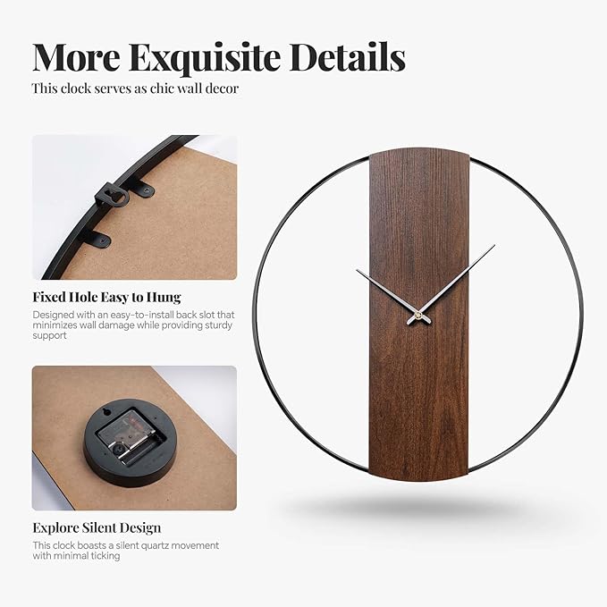 Wall Clock Decorative Modern Minimalist Wall Clocks for Living Room Decor, 16 Inch Silent Non Ticking Battery Operated Rustic Big Clock with Walnut Dial for Bedroom, Kitchen, Farmhouse, Office