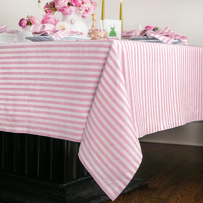Solino Home Linen Tablecloth 60 x 120 Inch - Amalfi Stripe 100% Pure Linen Cherry Blossom and White Table Cloth for Rectangle Tables - Machine Washable Tablecloth