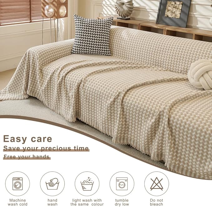 ROOMLIFE Thicked Checkered Boho Khaki Couch Cover for 2-3 Cushion Sofa, Chenille Sofa Slipcovers Sectional Sofas Covers for Dog, Non Slip Washable Furniture Protector Soft with Tassel 71''X150''