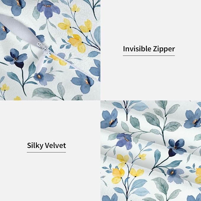 Spring Flowers Pillow Covers 18x18 Inch Set of 2 Blue and Yellow Flower Throw Pillow Cover Vintage Plant Floral Square Pillowcase Cushion Cases for Home Couch Bed Sofa