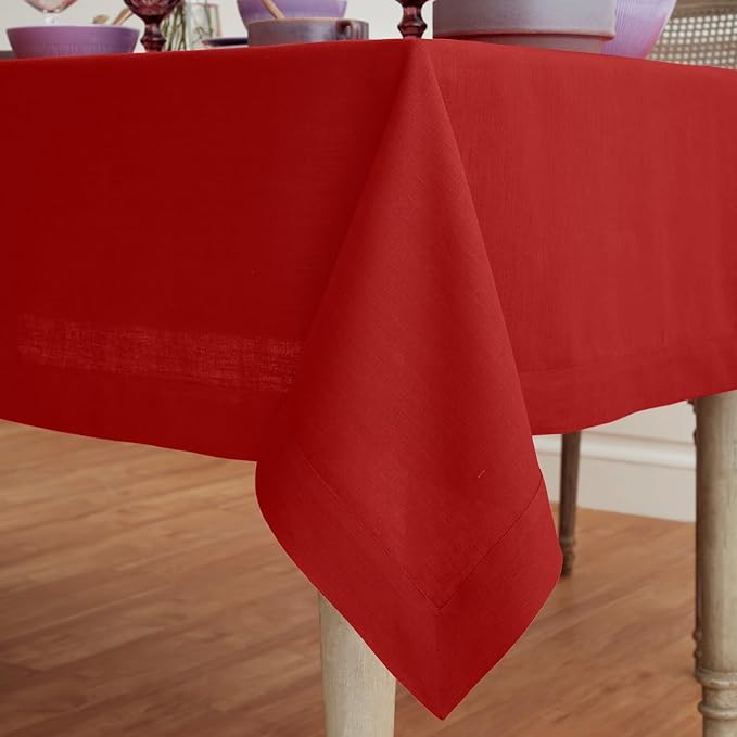 Solino Home Linen Red Tablecloth 60 x 84 Inch - 100% Pure Linen Rectangular Tablecloth - Machine Washable Table Cloth for Christmas, Holiday, Winter - Fete