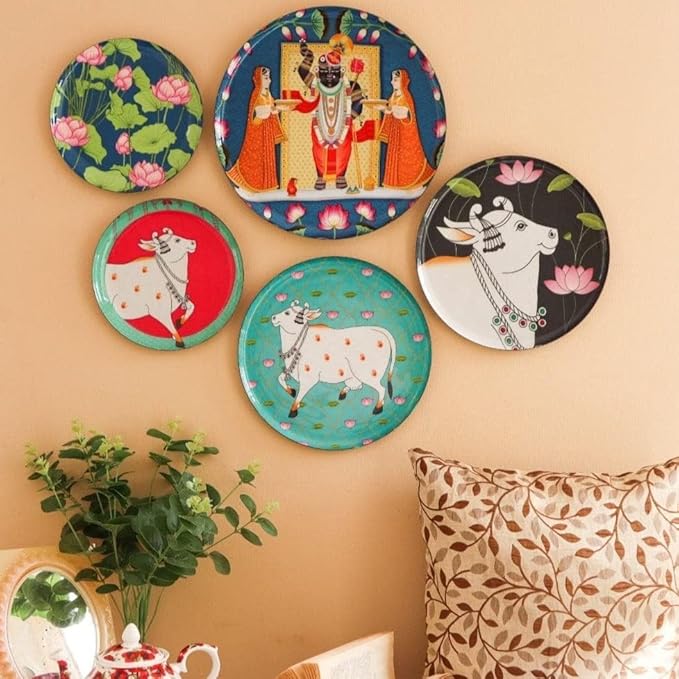 RITUALISTIC Pichwai Iron Wall Art Plates – Set of 5 Decorative Plates | Indian Wall Art for Home Decor | Wall Decor for Living Room & Bedroom | Handcrafted Metal Wall Hanging | Christmas gifts