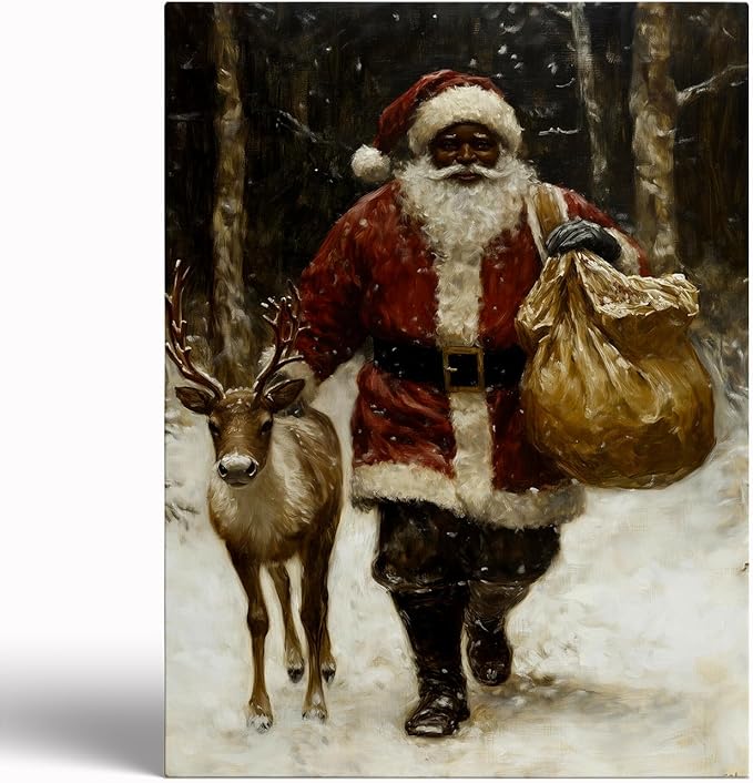 Coming to Town | Vintage Black Santa Claus Wall Art,Winter Holiday Decor,Christmas Print,Pockets Prints,African Santas With Reindeer Painting