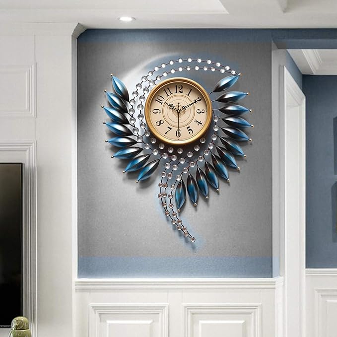 Crystal Metal Wall Clock Silent Non Ticking - 26"×21" Quality Quartz Battery Operated, Decorative for Kitchen, Living Room, Bedroom, Bathroom, Bedroom, Office