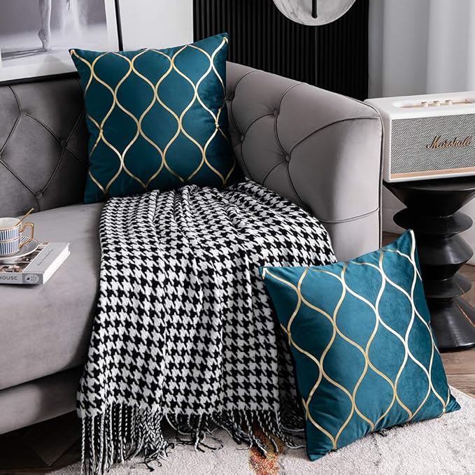 16x16 Inch Gold Velvet Throw Pillow Covers: 2 Pack Square Decorative Pillow Cases for Bedroom Sofa Couch Living Room, Teal Christmas