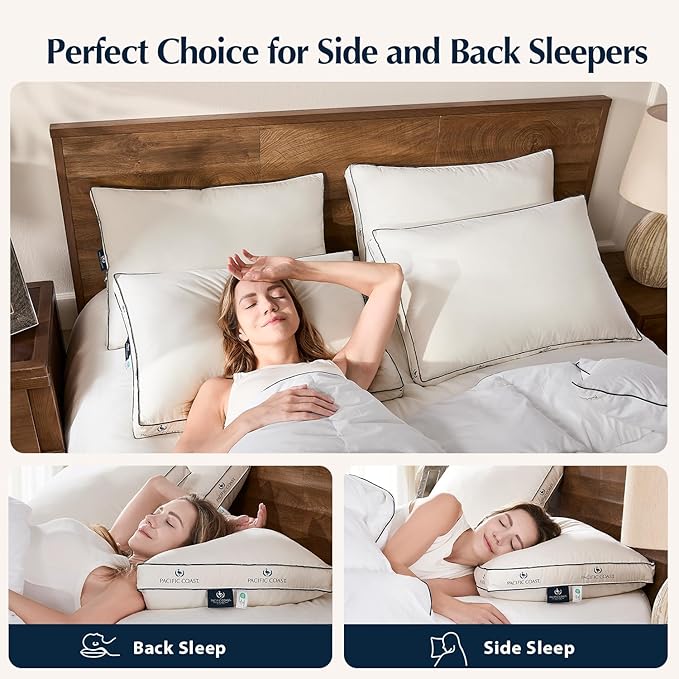 Pacific Coast Goose Feather and Down Pillows, Queen Size Set of 2, Gusseted Pillows, Bed Pillows for Sleeping, Good for Side and Back Sleepers, 100% Organic Cotton Cover