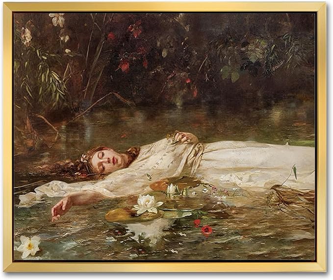 AIMAILON Vintage Gold Canvas Wall Art Framed Decor for Study Room Bedroom Classical Relaxing Young Lady Picture Victorian Summer Pond Lotus Background Artwork Desktop Home Decoration 8x10