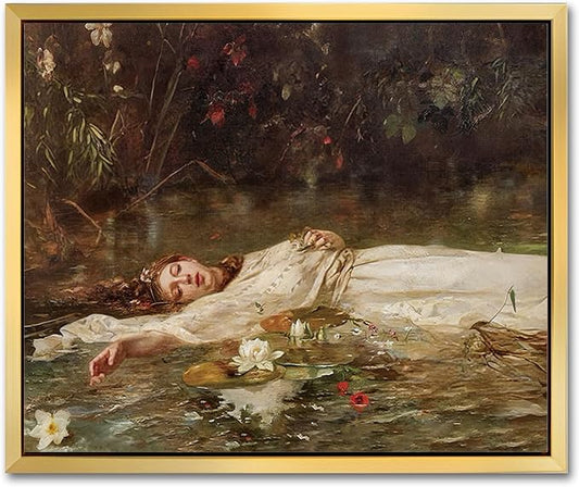 AIMAILON Vintage Gold Canvas Wall Art Framed Decor for Study Room Bedroom Classical Relaxing Young Lady Picture Victorian Summer Pond Lotus Background Artwork Desktop Home Decoration 8x10