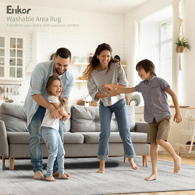 Enkor Area Rugs 9x12 Washable Non Slip Abstract Soft Rugs for Living Room Bedroom, Modern Mat for Kitchen Entryway White & Grey
